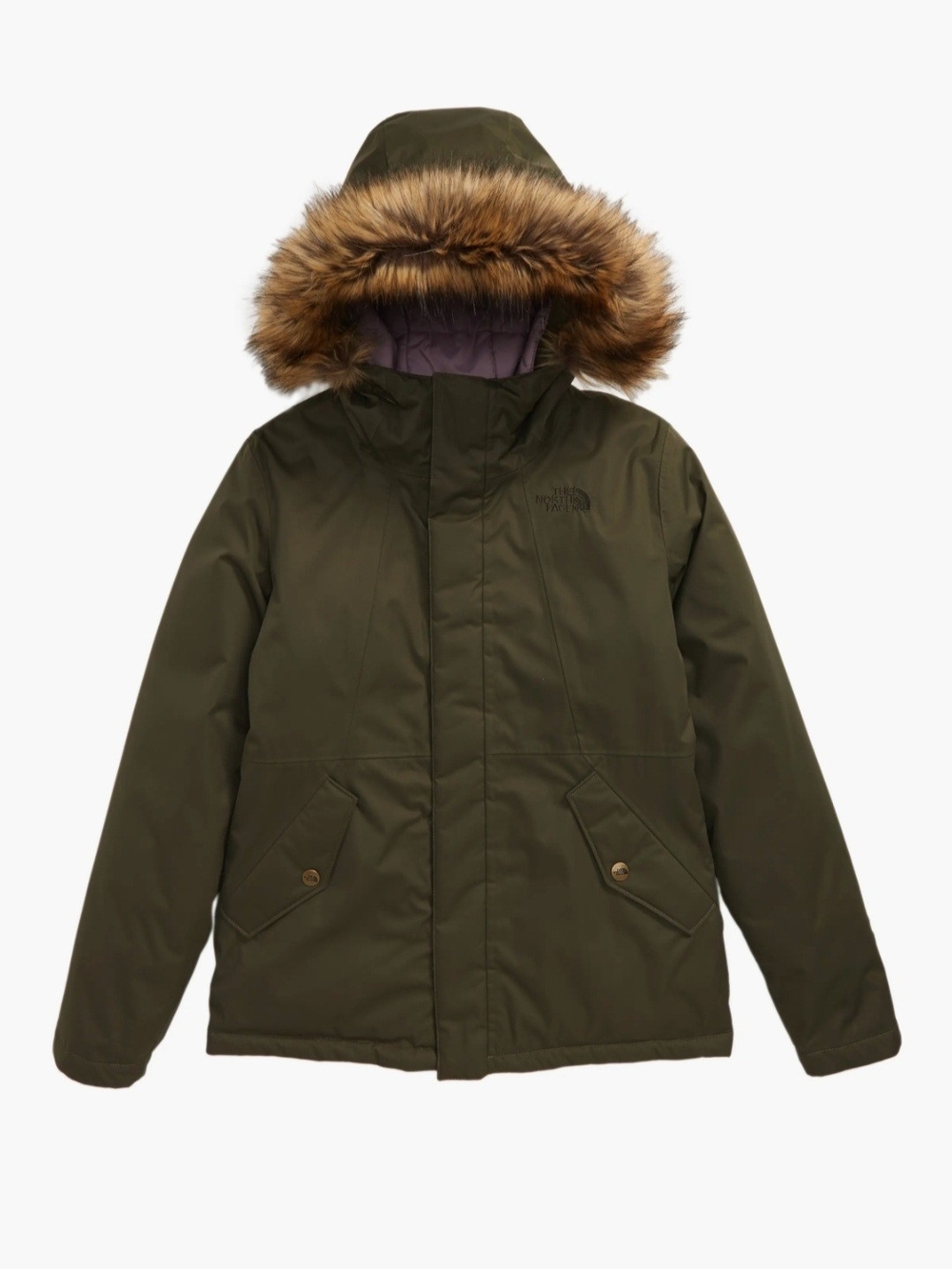 The North Face Kids Olive Green Puffer Parka with Faux Fur Trim